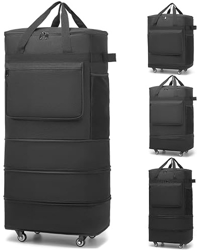 Faltbare Reisetasche Mit Rollen groß, Erweiterbar, Wasserdicht, Zusammenklappbar, Handgepäck Tasche, Reisetasche Mit Rollen und Griff, Schwarz