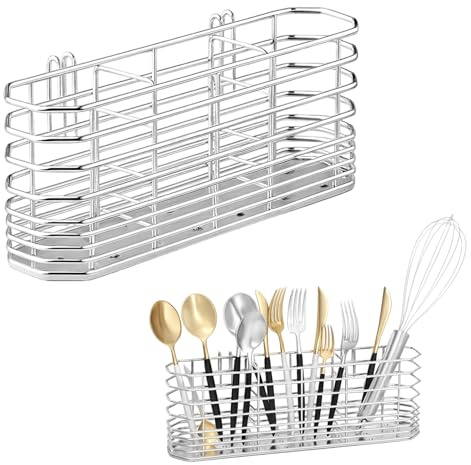 JORcadis 1 Pcs 20*4*8.6 CM Cutlery Drainer for Sink, Stainless Steel Utensil Holder with Hooks, Rust-Proof Cutlery Organizer, Space-Saving Kitchen Drain Rack, Silver