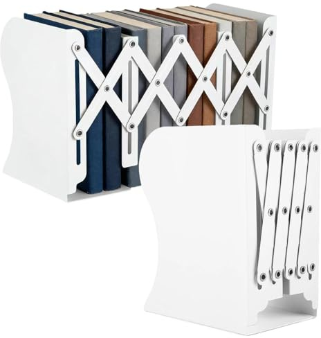 Serre-Livres en Métal Kievano, Extensible et Réglable 10–50 cm, Support de Livres à 3 Niveaux, Antidérapant et Antirouille, Porte-Livres Blanc pour Bureau et Maison