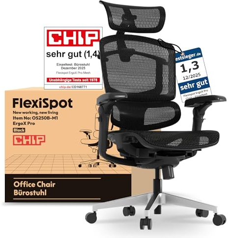 FLEXISPOT Ergonomischer Bürostuhl ErgoX Pro-Mesh Schwarz | mit 12-stufiger Höhenverstellung, mit 7D-Armlehnen, 5D-Lendenstütze, 4D-Kopfstütze, 250 kg Belastbarkeit und Netzsitz