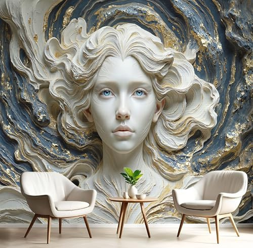 Papier Peint Soie Panoramique Moderne Femme Relief, 3D Poster XXL Papier Peint Motif Esthétique Classique, Fresque Murale 500×350 cm, Décoration Murale Bleu Pour Salon Chambre Bureau Tv