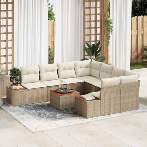 Hoopleep Garten-Sofa-Set mit Kissen, 9-teilig, Beige Poly Rattan, Eckbank und Mittelsitz mit Stauraum, wetterfest für Terrasse und Outdoor