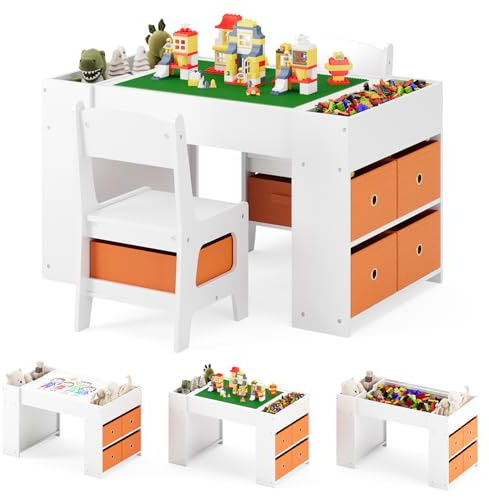 Xbro Kindertisch mit 2 Stühlen, Kinder Tisch Stuhl Set mit Stauraum, Bauklötze kompatibel Spieltisch mit 8 Stoffboxen, Aktivitätstisch für Kinder ab 3 Jahren, 80 × 80 × 50 cm, Weiß