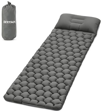 Deryan Isomatte Camping,Camping Luftmatratze mit FußpressePumpe & Kissen, Aufblasbare Matratze Kompakte und Leichte für Wandern und Strand, 200 x 65 x 6 cm (Grau)
