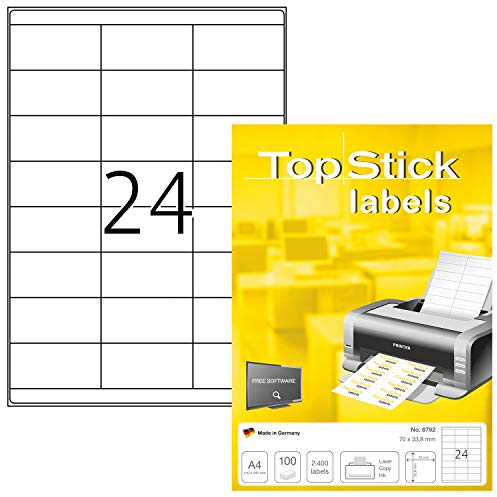 TopStick Etichette multiuso autoadesive, 24 etichette per foglio A4, 100 fogli, 70 x 33,8 mm, 2400 etichette, etichette adesive universali vuote, per stampanti laser e inkjet, bianco