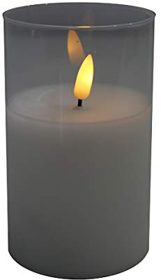 Hochwertige & Edle LED Kerze im Glas - Timer - Realistisch Flackernd - Neuartiges Design (Weiß, Höhe: 12,5cm - Ø 7,5cm)