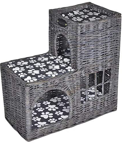 negaor Katzenhaus Weide Katzenkorb Katzenbett Schloss Kratzbaum und Kissen 55 x 27 x 53 cm(L x B x H) Grau Polyester