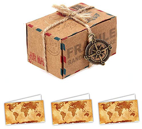 100pz Scatola Cubo Tema Viaggio + Bigliettini Da Bomboniera Preforati Formato A4 Mappa Mondo (bussola)
