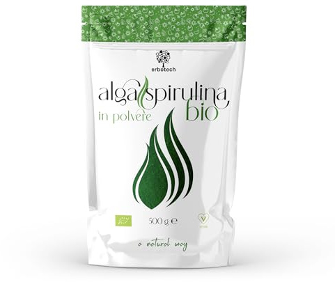 ERBOTECH Spirulina Pulver BIO, 500 g Beutel, Reich an Proteinen, Kalzium und Vitaminen, Reich an Nährstoffen, Biologische Unterstützung, Vegan, Made in Italy