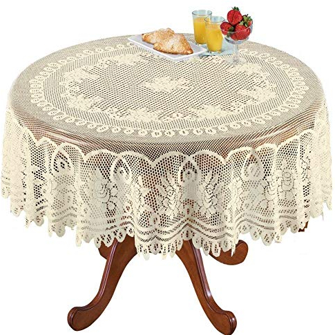 NC AMIPOS Tovagliette in pizzo beige all'uncinetto - Tovaglia lavabile, in poliestere jacquard per feste di nozze, ristorante, banchetti, picnic (beige, rotondo, 180 cm)