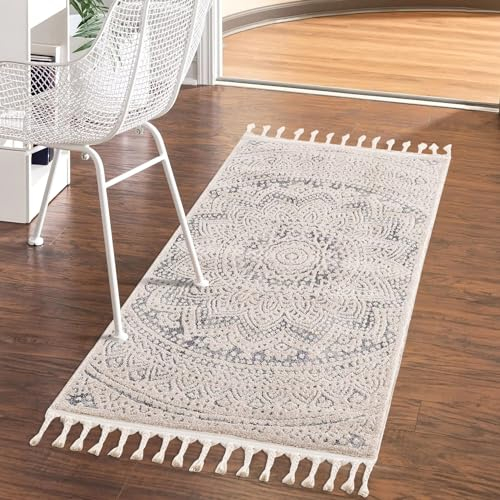 carpet city Teppich Läufer Flur Grau - 80x300 cm Rund - Ornamente Ethno-Stil - Kurzflor Teppiche Modern - Fransenteppich Tricolor Soft&Weich - Flachflor Schlafzimmer