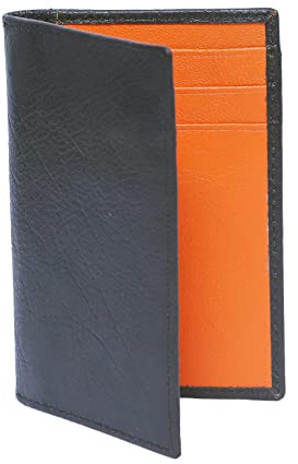 Porte-cartes en cuir véritable pour homme - Fin - Fin - Avec blocage RFID - Boîte cadeau minimaliste faite à la main - Noir / Orange