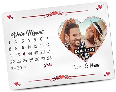Blech-Schild mit Kalender selbst gestalten - Metall-Poster mit anpassbarem Jahrestag, mit Namen, Text & Foto bedrucken - Geschenk für Freund, Freundin Valentinstag, Jahrestag - Schild A4