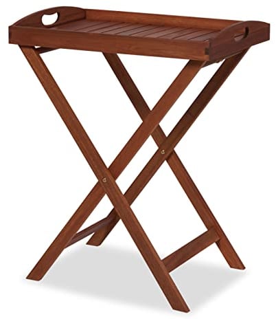KHG Beistelltisch aus Akazien-Echtholz mit abnehmbarem Tablett mit Schüttrand, tragbar, klappbar, wetterfest, In- & Outdoor, Abstelltisch 20 kg belastbar, Dunkelbraun