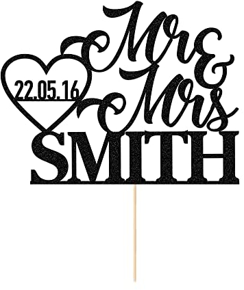 Personalised Wedding Cake Toppers Decoration Favours Customised Wedding Gifts for Couple Double Sided Glitter Paper with Any Name Date (Black)