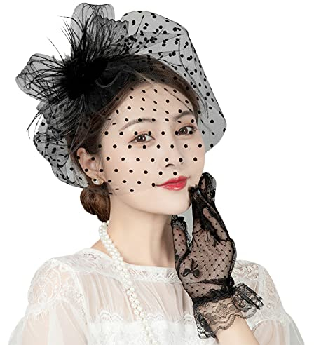 Chapeau Bibis Fascinator Femme Chapeau de Mariée Voile Mariage 2Pcs Bandeau Plumes avec Gants Courts en Dentelle Clip Coiffure Accessoires Nuptiale pour Mariage Photographie Soirée Églises Noir TU