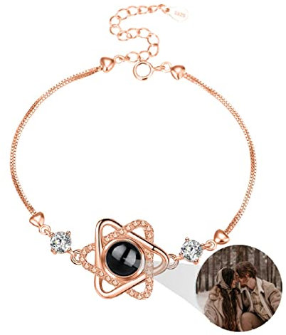 Liskanap 925 Sterling Silber Personalisierte Foto Armband mit Bild Projektion Armband im Stein Ich liebe dich Armband 100 Sprachen für Damen Herz Denkmal der Liebe Schmuckgeschenk (RoseGold-Stern)