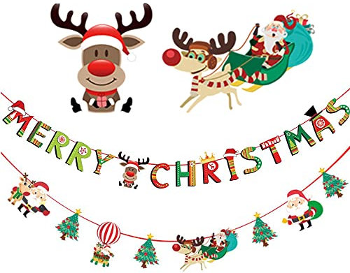 Merry Christmas Hanging Party Banner Decorazione, Decorazioni per soffitti di Natale, albero di Natale, cervi, palloncini ad aria calda banner per vacanze casa giardino decorazione da parete natalizia