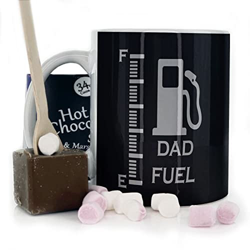 Hairyworm Dad Mug and Belgian Milk Chocolate/Hot Chocolate Stirrer Marshmallow Gift Set, (11oz) Happy Birthday Mug with 'Dad Fuel' Gas Fuel Pump Design, Dad Mug