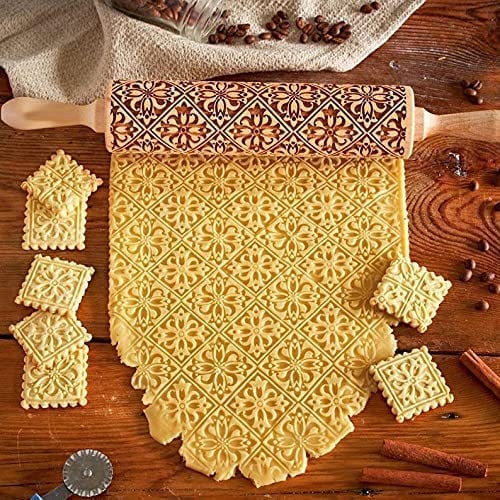 AvviKro Rouleau à pâtisserie de Noël en bois texturé à motif gaufré (fenêtre fleurie)