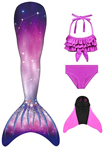 BAWADE Meerjungfrauenflosse Mädchen Meerjungfrau Flosse mit Bikini Setfür Kinder und Monoflosse(4 Stück)