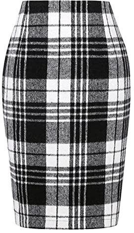 Minetom Damen Kariert Röcke Büro Rock Bleistift Figurbetont Knielang Rock Mit Plaid A Linie Hohe Taille Herbstrock Hinter Schlitz Herbst Freizeitrock Bleistiftrock Arbeitsrock A Schwarz L