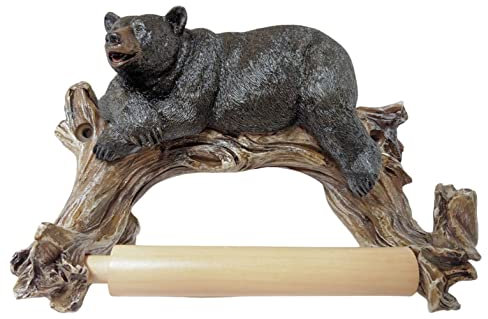 Rustic Cabin Style Black Bear on Log Toilet Paper Holder Wall Mounted