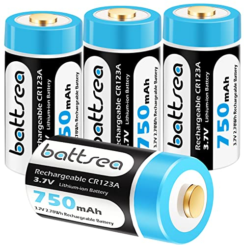 Battsea Rechargeable Compatible with Arlo Battery 4 Pack 750mAh 3.7V Lithium Batteries 123A Compatible with Arlo Camera Flashlights Microphone Smoke Detector Electric Shaver Alarm Clock Calculator