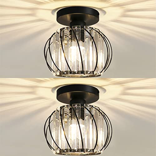Hudi Fyier Chandelier Crystals Ceiling Lighting Fixtures,2 Pack Small Flush Mount Ceiling Light for Kitchen Hallway Dining Rooms Living Rooms Bar (Black)