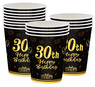 COSORO 16Pcs Black Gold 30th Birthday Paper Cups, Tableware Party Cups Disposable, Happy Table Decorations Cup Gifts for Women, Men, Ladies, Him, Her Décor