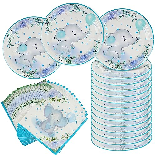 AINIUNIU Baby Elefant Party Gender Reveal Geschirr Baby Shower Teller Geschirr Elefant Junge Baby Shower Teller Set Dekorationen für 16 Gäste für Jungen oder Mädchen Geschlecht Enthüllung Party