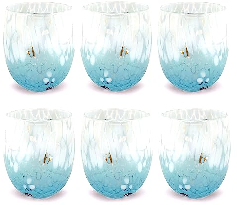MAZZEGA ART & DESIGN - 6 Bicchieri Acqua Big Bicolor in Vetro Soffiati e Lavorati a Mano con Murrine di Murano, linea “I Colori di Murano” 435 ml. Made in Italy (Azzurro, 6)