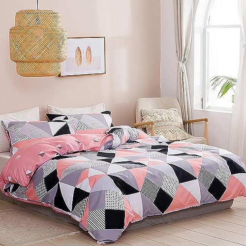 Wotcsil Housse de Couette 140x200 Rose Gris Parure de Lit 140x200 Adulte Réversible Microfibre avec Taies d'oreiller 65x65cm Géométrique Linge de Lit Imprimé pour 1 Personne