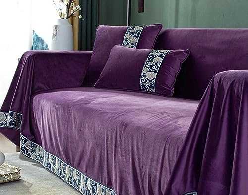 Homxi Copridivano Angolare 4 Posti Universale,190x380CM,Fodere Divano Tinta Unita con Motivo a Nuvole Copridivano Felpa Asciugamano Copridivano Viola Copridivano a Coperta