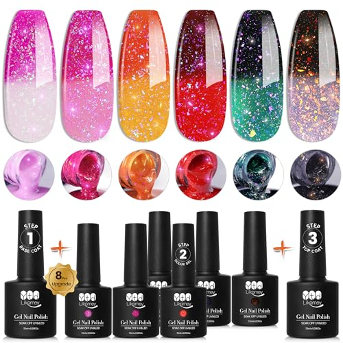 YTD Likomey UV Nagellack Farbwechsel Thermo Set,Mehrfarbige Pailletten 6 Farben Mit Base und Top Coat Kit,Soak Off UV Chamäleon Mehrfarbig Farbgel Shellac Thermoeffekt
