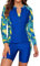 SHEKINI Women's 3 Pieces Long Sleeve Rush Guard Zip Front Athletic Swimsuit Sports Bra with Boyshort Bottoms Tankini Swimwear, Blue+Print, X-Large