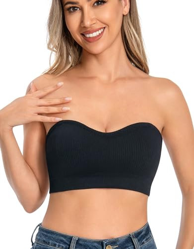 ANGOOL Damen Trägerloser BH Push Up ohne Bügel Bandeau Top Damen Gepolsterter Seamless Ribbed Rutschfestes Silikon mit Transparenten Trägern, Schwarz, XXL