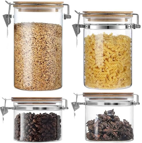 4 Set Airtight Glass Jars High Borosilicate Glass Cylinder Food Storage Canisters with Clamp Lid Food Cereal Storage Containers for Coffee Loose Tea Nut Candy Cookie Snack 410ml 740ml 1200ml 1300ml
