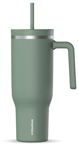Hydrapeak Voyager - Vaso de acero inoxidable de 40 onzas con asa, botella de agua aislada con popote y tapa, apta para portavasos, reutilizable, taza de viaje (hoja de salvia)