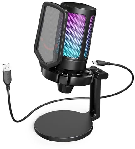 AmpliGame Fifine - Microfono USB per PC Gaming, microfono per streaming desktop con pulsante mute, manopola di guadagno per video podcast, microfono RGB per PS4/PS5, laptop A6NEO