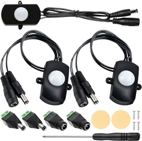Xiatiaosann DC 12V to 30V 3A Mini PIR Motion Sensor Switch, Infrared Activated LED Controller for Wall Lamps, With DC Terminal Connector, Screwdriver (2 Pack)