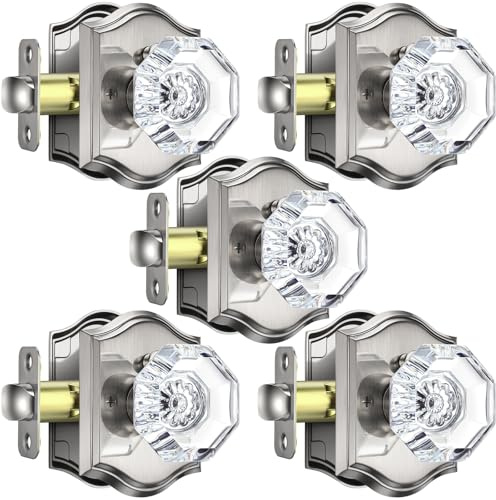 Calzibeno Nickel Crystal Door Knob Interior, Privacy Glass Door Knob, 5Pack | Satin Interior Glass Door Knob with Lock, Heavy Duty Zinc Crystal Doorknob for Bedroom & Bathroom, Octagon Modern Door Knob