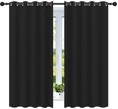 NAKIHOUSE Black Blackout Curtains, Thermal Curtains 46 Wide x 72 Drop Super Blackout Eyelet Ring Top Curtains Bedroom, Single Curtain for Door Doorway Window Living Room Bedroom, 2 Panel