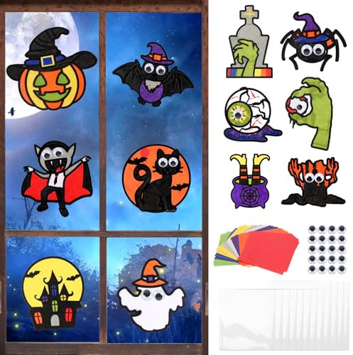 MONCAP 12 Stück Halloween Bastelset Kinder Halloween Deko Basteln Halloween Fensterbilder Papierbastelset Halloween Fenster Kreativsets für Mädchen Jungen Halloween Party Geschenk Kreative DIY