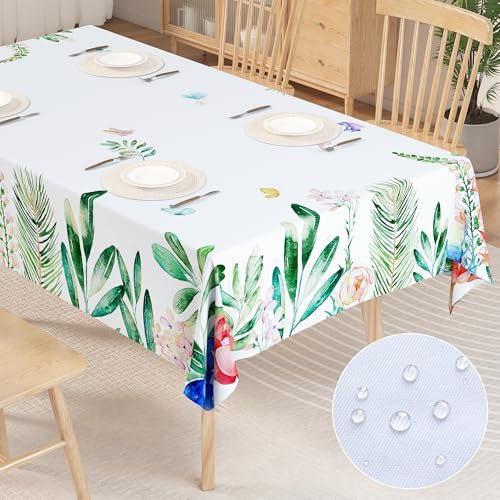 Mngevcy 100 x 140 cm Eckig Abwaschbar Tischdecke Outdoor aus Polyester, Wasserabweisend & Fleckschutz, Gut gestaltete Tischdecken mit Blumenmuster für Gartentisch, Esstisch, Weiß