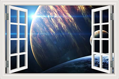 Galaxy Planet 3D-Fensteransicht-Wandaufkleber für Heimdekoration, zum Abziehen und Aufkleben, Fototapete mit buntem Galaxie-Muster, falscher Fensterblick, Wandaufkleber, 160 x 120 cm