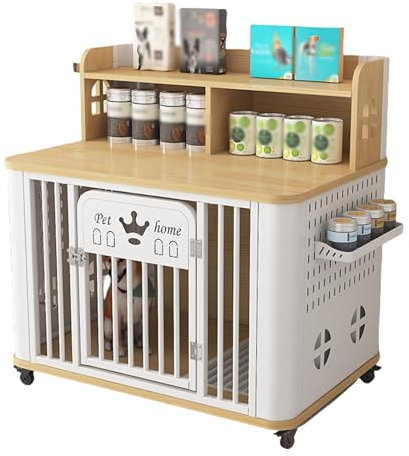 Hundebox aus Holz, tragbare Hundebox, Hundebox mit Regalen, seitlich mit kleinem Ablagebrett for Dosen, unten mit Hundetoilette + Universalräder, geeignet for kleine und mittlere Hunde(Log+white)