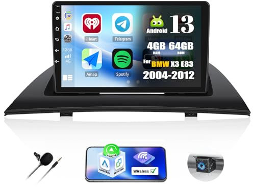 Radio de Coche Android 13 para BMW X3 E83 (2004 – 2012) con Carplay Android Auto,9 Pantalla táctil con AI DSP Bluetooth EQ GPS WiFi FM/RDS MirrorLink Split Screen+cámara Trasera y micrófono