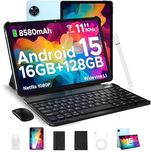 DOOGEE U11 Tablet 11 pulgada, Andriod 15 Tablet con Teclado, 16GB RAM+128GB ROM(2TB TF) 8580mAh, Tableta para niños T606 Octa-Core, 7.9mm Cuerpo metálico, 13MP Camera, Widevine L1/Face ID/BT5.0/WIFI 5