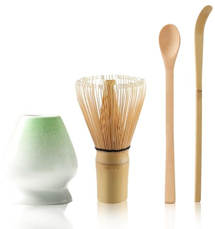 Matcha Tee Set mit Matcha Besen und Löffel, Matcha Besen Set mit Keramik Schneebesen Halter Matcha Zubehör(Grün-Weiß)